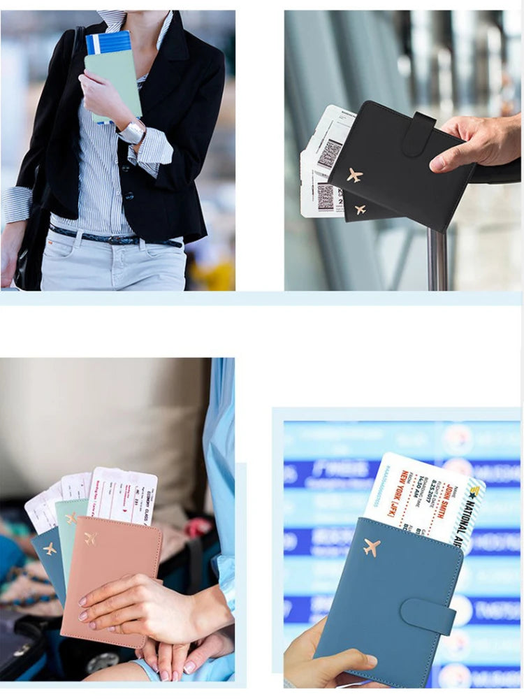 A hand holds a dark brown slim PU leather RFID blocking passport and ID wallet.