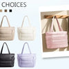 A variety of multi-color quilted puffer tote bags displayed in various shades including pink, mint green, beige, and purple.