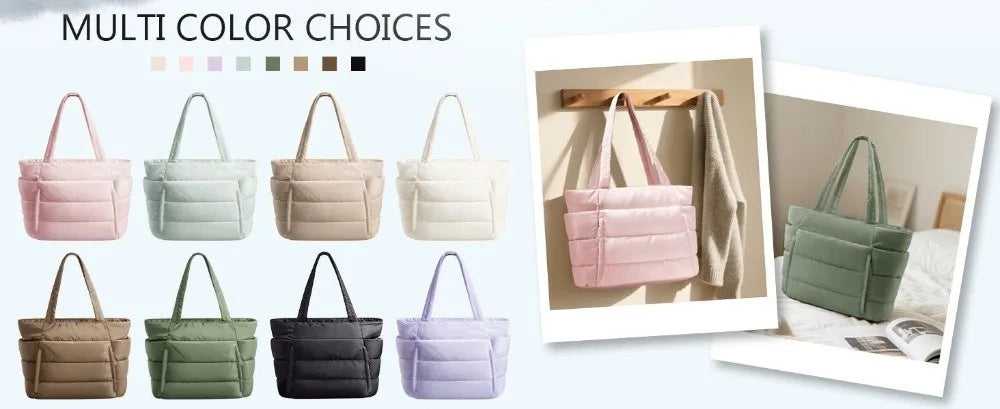 A variety of multi-color quilted puffer tote bags displayed in various shades including pink, mint green, beige, and purple.