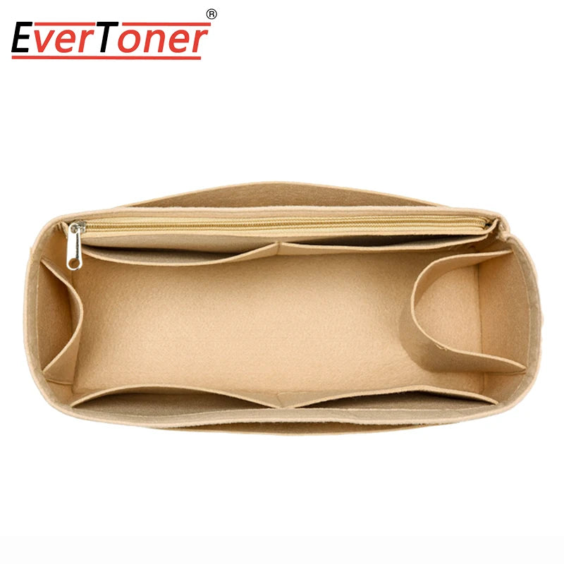 A tan felt bag organizer insert with a zippered pocket shown open.