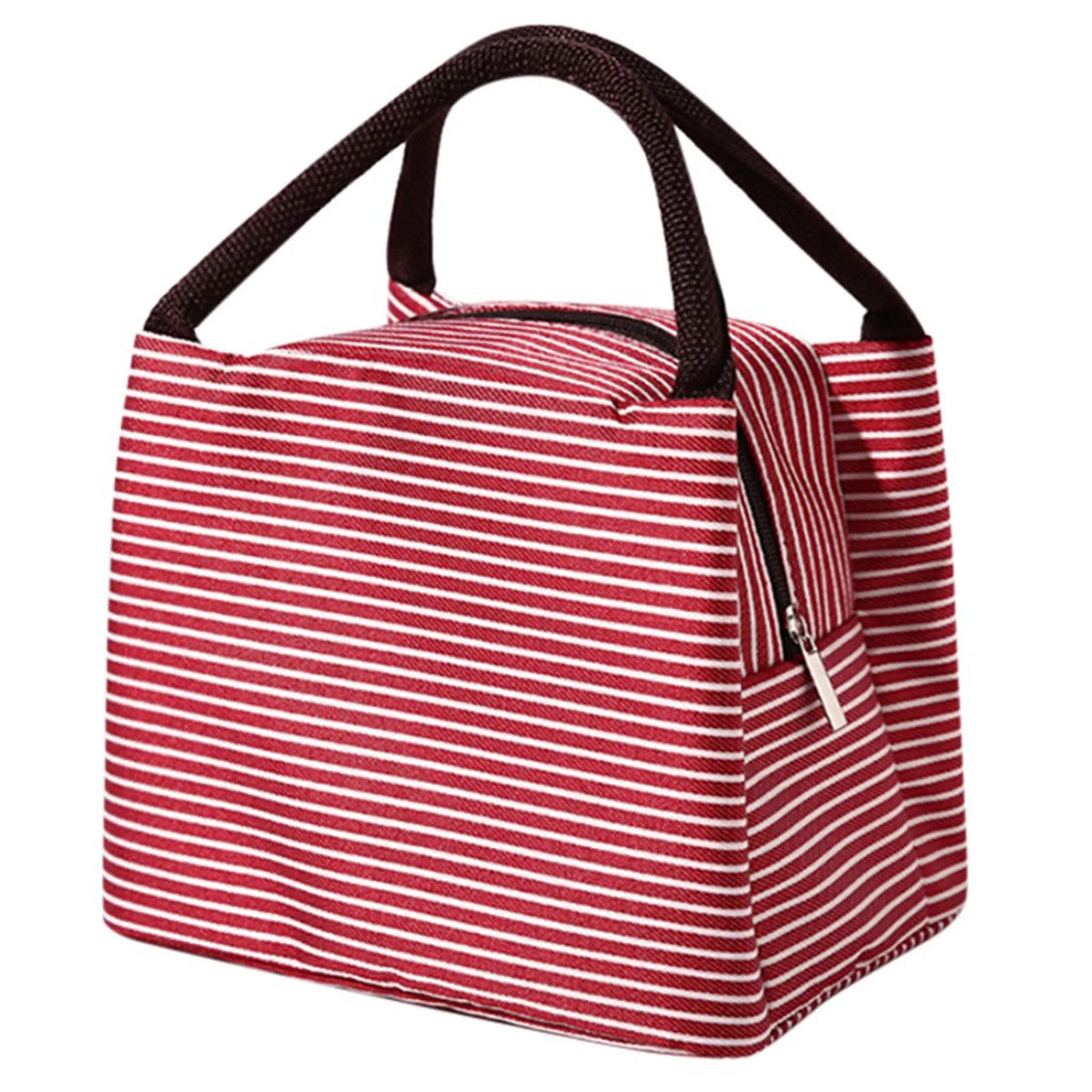 A red and white striped insulated lunch tote bag with a black adjustable shoulder strap.