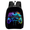 Black backpack featuring a colorful, glowing video game controller graphic on the front pocket.