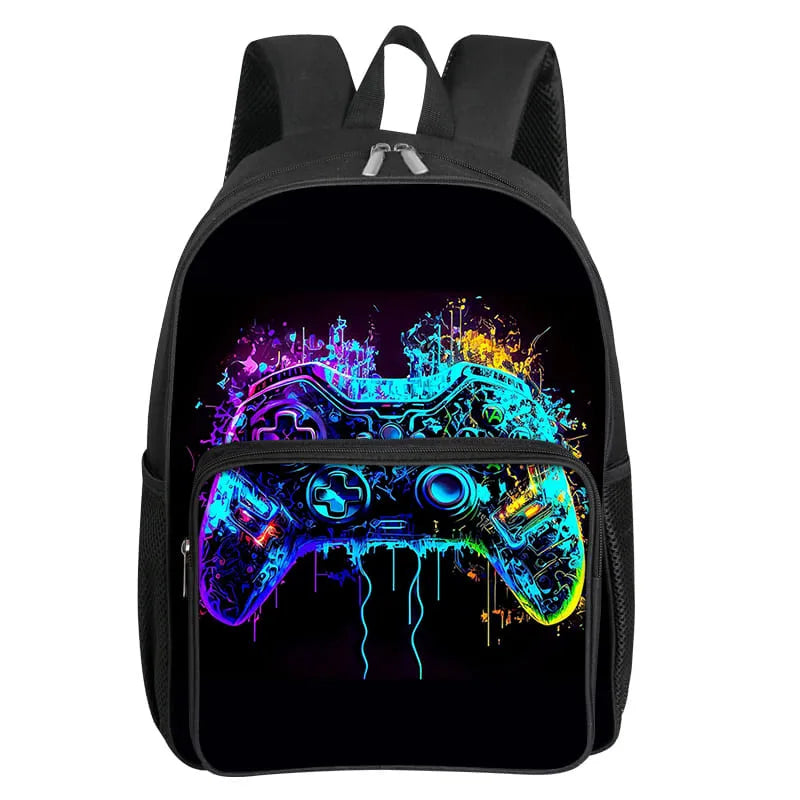 Black backpack featuring a colorful, glowing video game controller graphic on the front pocket.