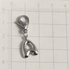 Silver stainless steel alphabet letter charm with a lobster clasp shown against a ruler.