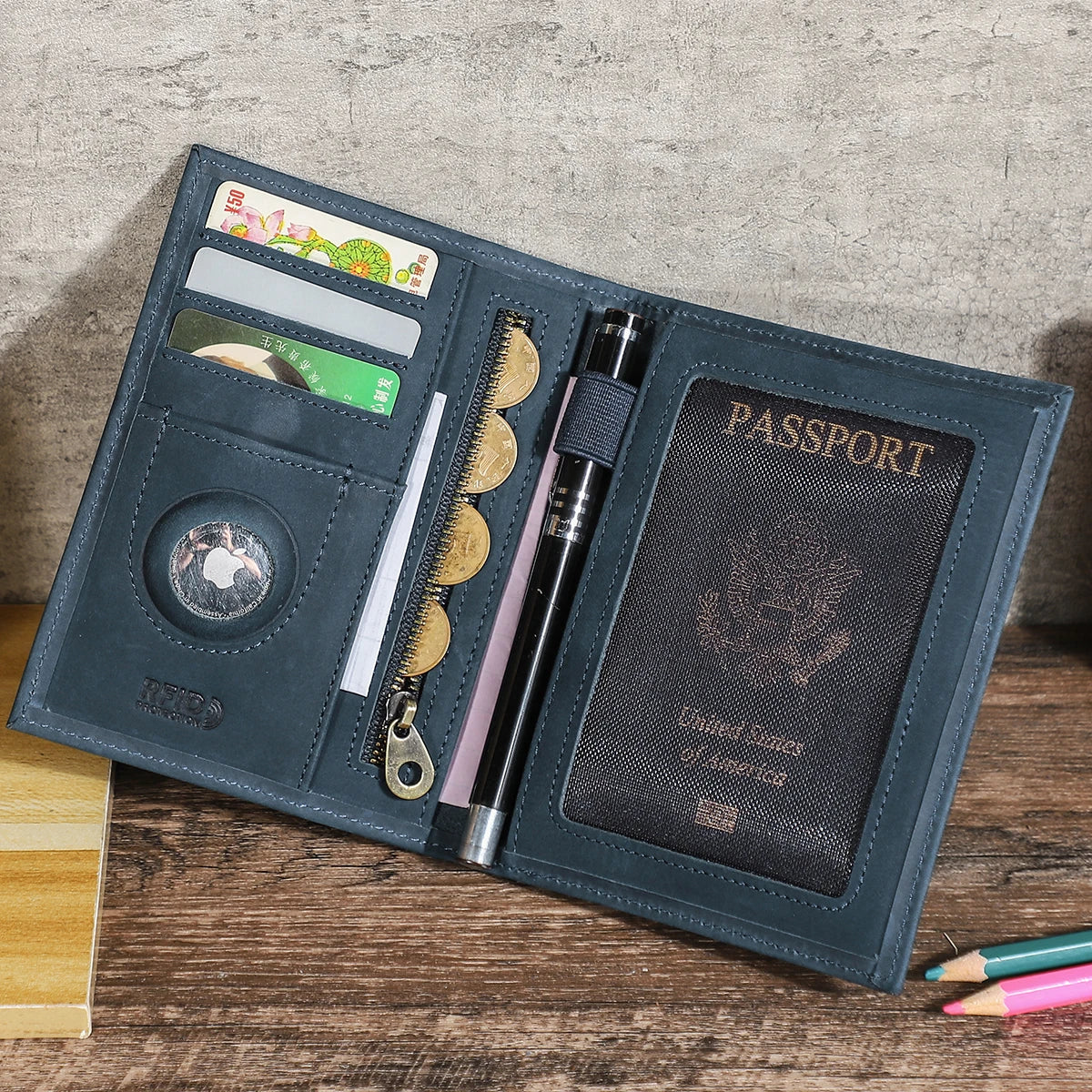 A dark blue leather passport card holder displaying various cards and a passport section.