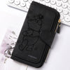 A black women's long zipper handbag coin purse featuring a line art bear design on the front.