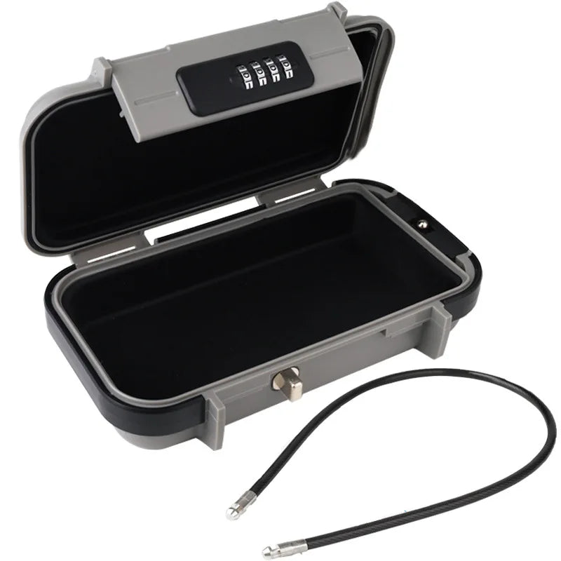 A portable travel lock box with a combination security feature shown open with an attached cable.