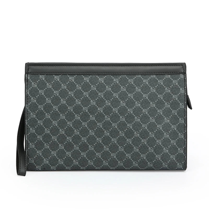 A dark gray patterned leather clutch or wallet for men's business and casual use.