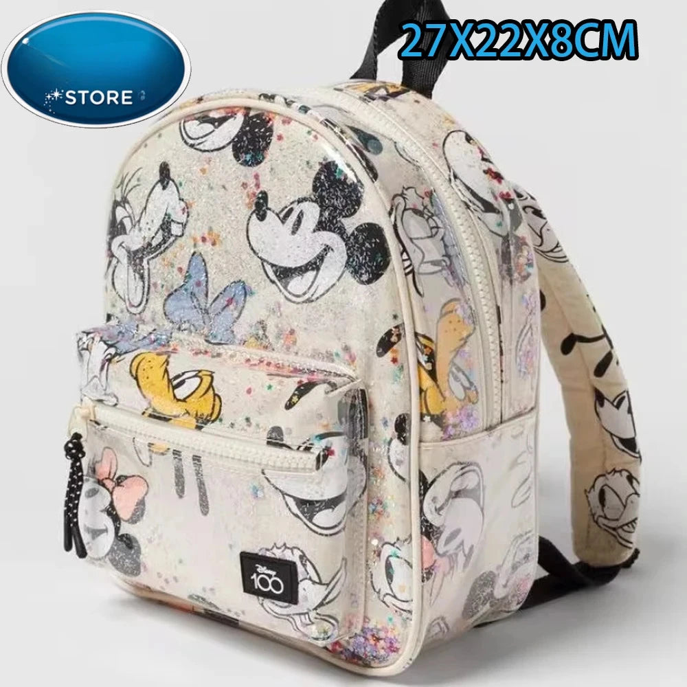Mochila de peluche color claro con ratón y pato de dibujos animados y patrones de Disney.