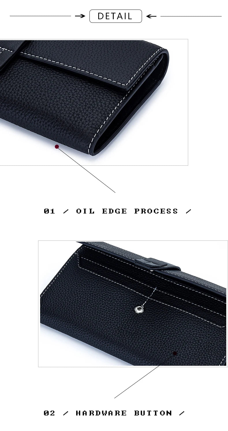 Close-up detail of a black genuine cow leather bifold wallet showing the oil edge process and hardware button.