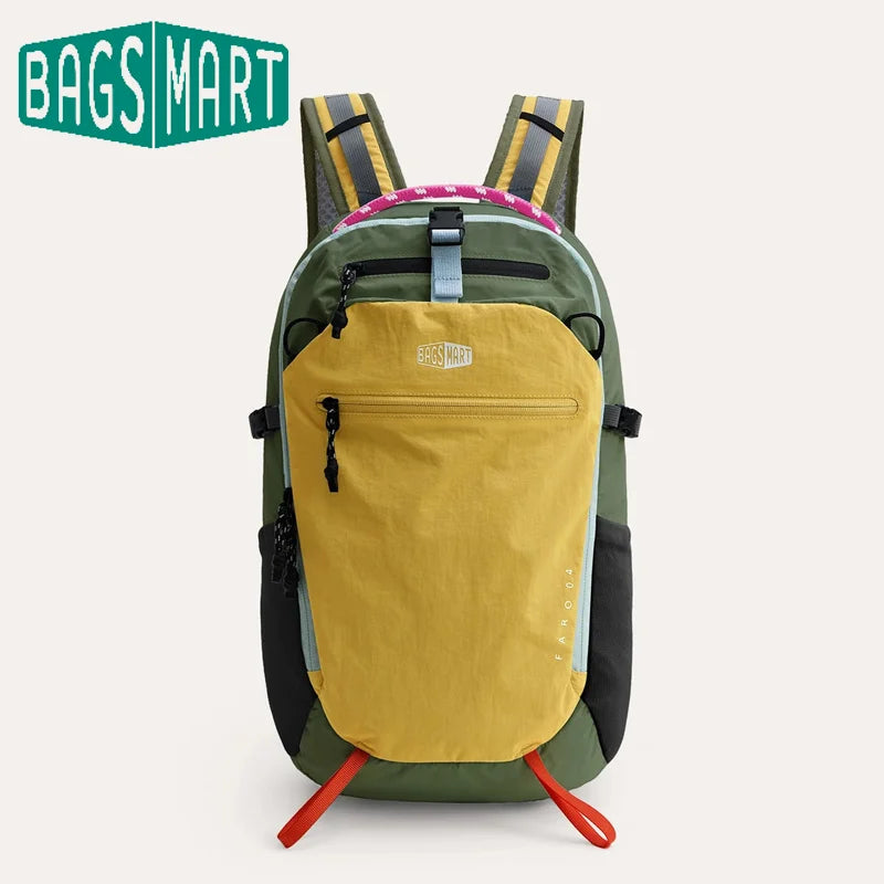 A olive green laptop backpack with yellow accents and a pink trim, shown against a white background.