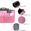 Pink multi-pocket organizer tote bag showing various features like a double handle, zipper, mesh pocket, and side button.