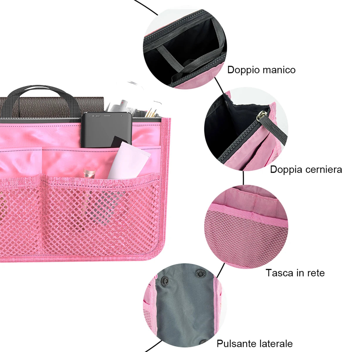 Pink multi-pocket organizer tote bag showing various features like a double handle, zipper, mesh pocket, and side button.