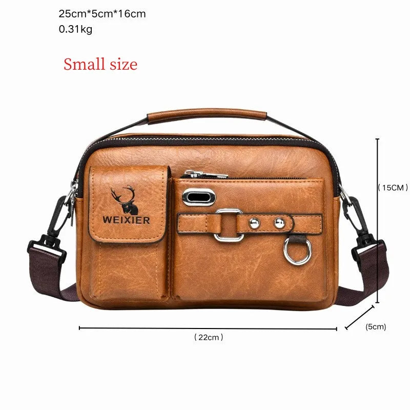 A brown PU leather crossbody shoulder bag with a flap and leather trim.