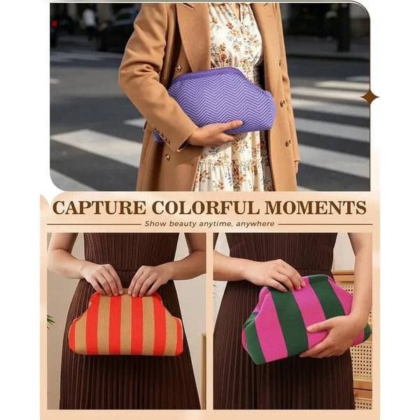 A close-up of three knit clutch bags in orange, pink, and purple stripes displayed against a brown background.