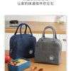 Two reusable insulated lunch bags, one navy blue and one gray, are shown next to a wooden cutting board with food and utensil
