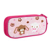 Pink pouch with a cute dog design and various decorative elements.