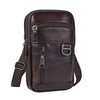 A dark brown vintage cowhide leather crossbody bag with a zippered front pocket and adjustable strap.