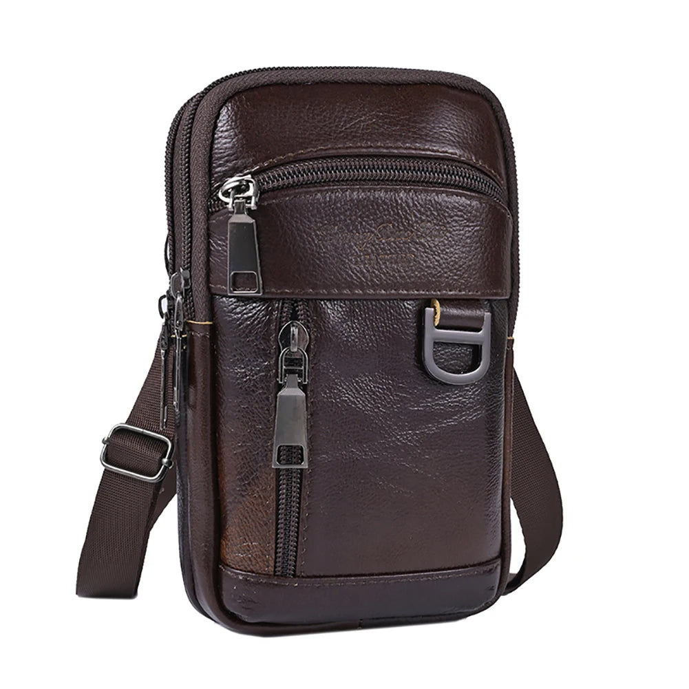 A dark brown vintage cowhide leather crossbody bag with a zippered front pocket and adjustable strap.