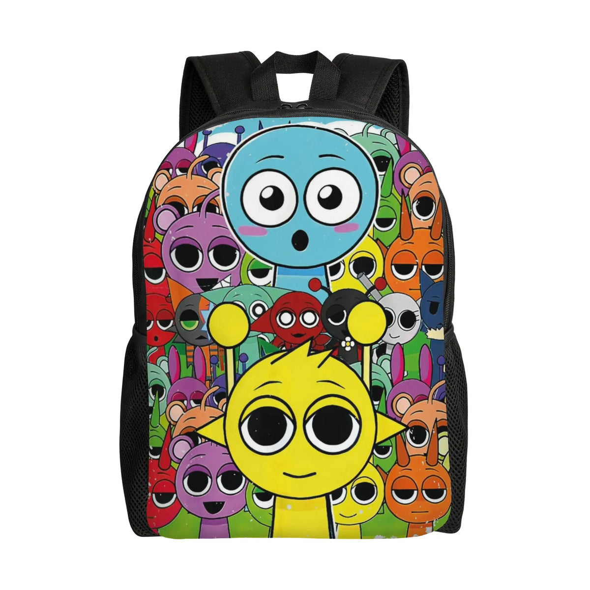 A colorful backpack featuring various cartoon characters and bright colors.