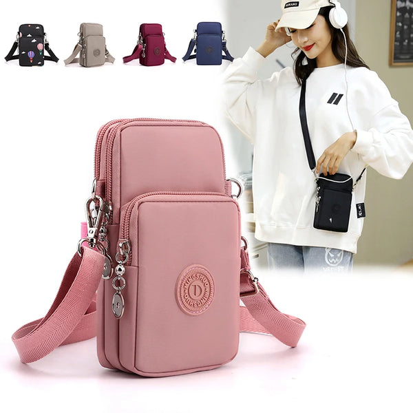 A pink compact nylon crossbody phone bag shown with various strap options and a woman wearing it.