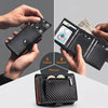 A black carbon fiber pop-up wallet is shown being used to hold cards, cash, and coins.