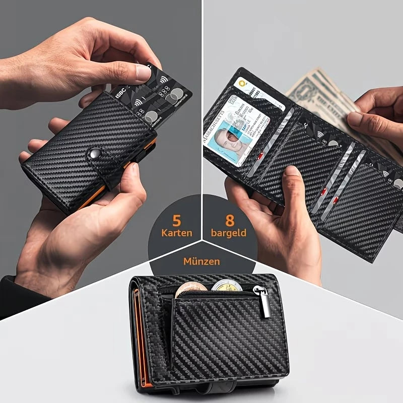 A black carbon fiber pop-up wallet is shown being used to hold cards, cash, and coins.