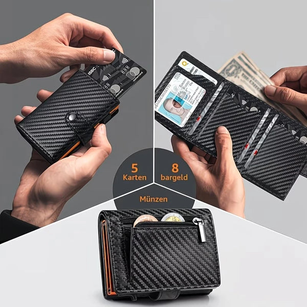 A black carbon fiber pop-up wallet is shown being used to hold cards, cash, and coins.