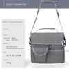 A gray double-layer ionic ice pack lunch bag with a strap and zippered compartments.