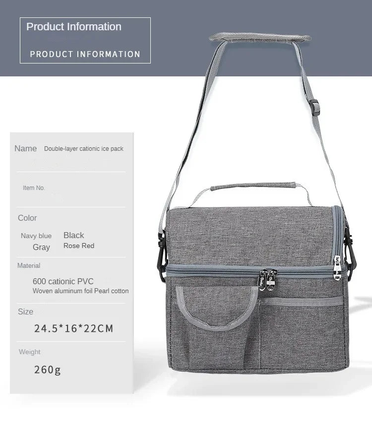 A gray double-layer ionic ice pack lunch bag with a strap and zippered compartments.