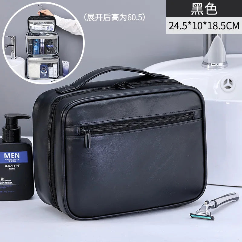 Black portable PU leather cosmetic organizer bag with a zippered compartment and included grooming tools