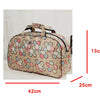 A beige PU leather travel duffel bag featuring a floral pattern, shown from the side.