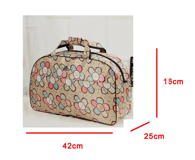 A beige PU leather travel duffel bag featuring a floral pattern, shown from the side.