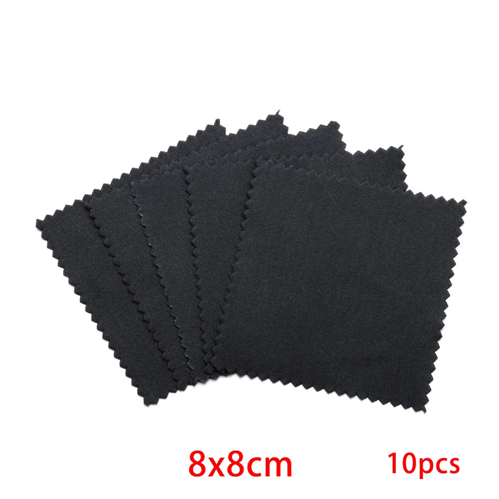 A stack of ten black polishing cloths, measuring 8x8cm each.