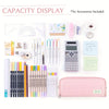 A display of various stationery items including pencils, rulers, and accessories in a pink pencil case.
