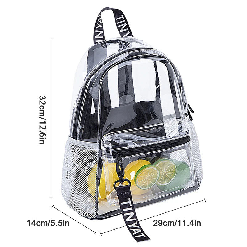 A clear plastic backpack with a mesh exterior and a black strap, shown from the front.
