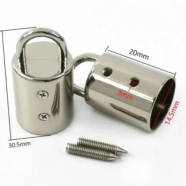 Silver metal cord lock buckles showing various sizes and a corresponding screw.