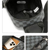 A black geometric pattern crossbody bag showing the main compartment and front zipper pockets.