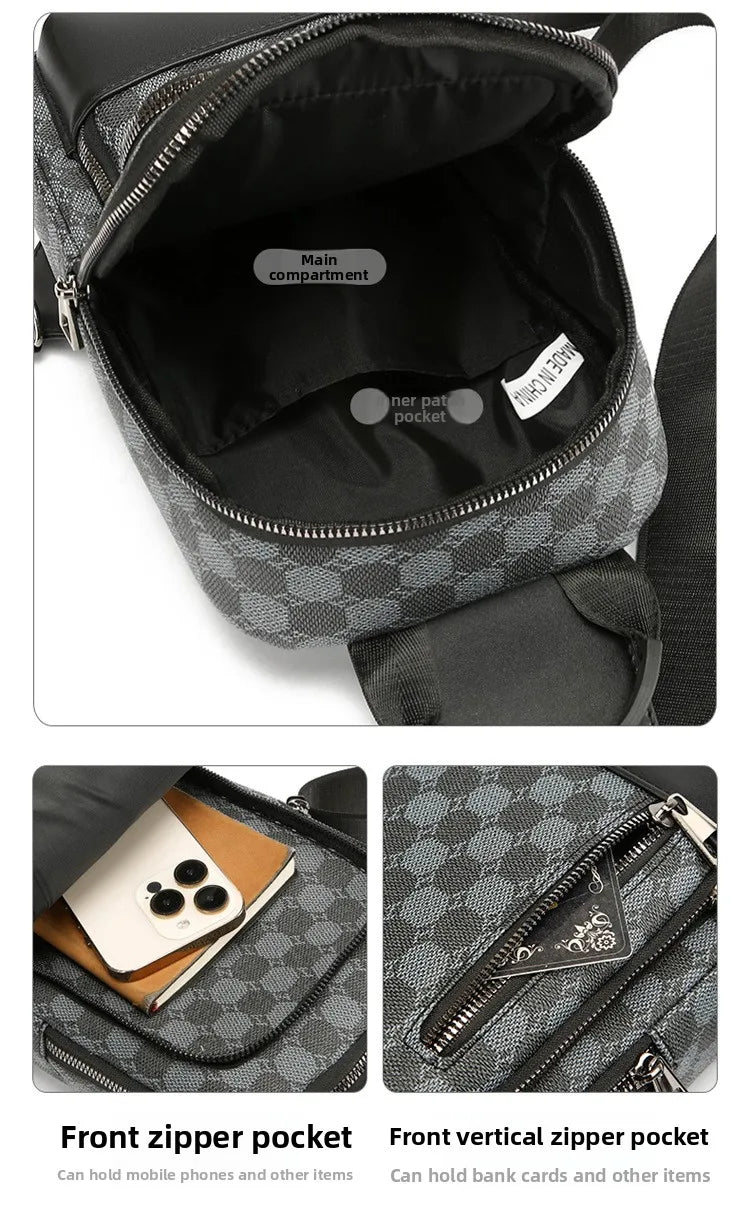 A black geometric pattern crossbody bag showing the main compartment and front zipper pockets.