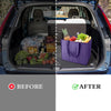 Before and after comparison showing the use of reusable foldable grocery tote bags in a car trunk.