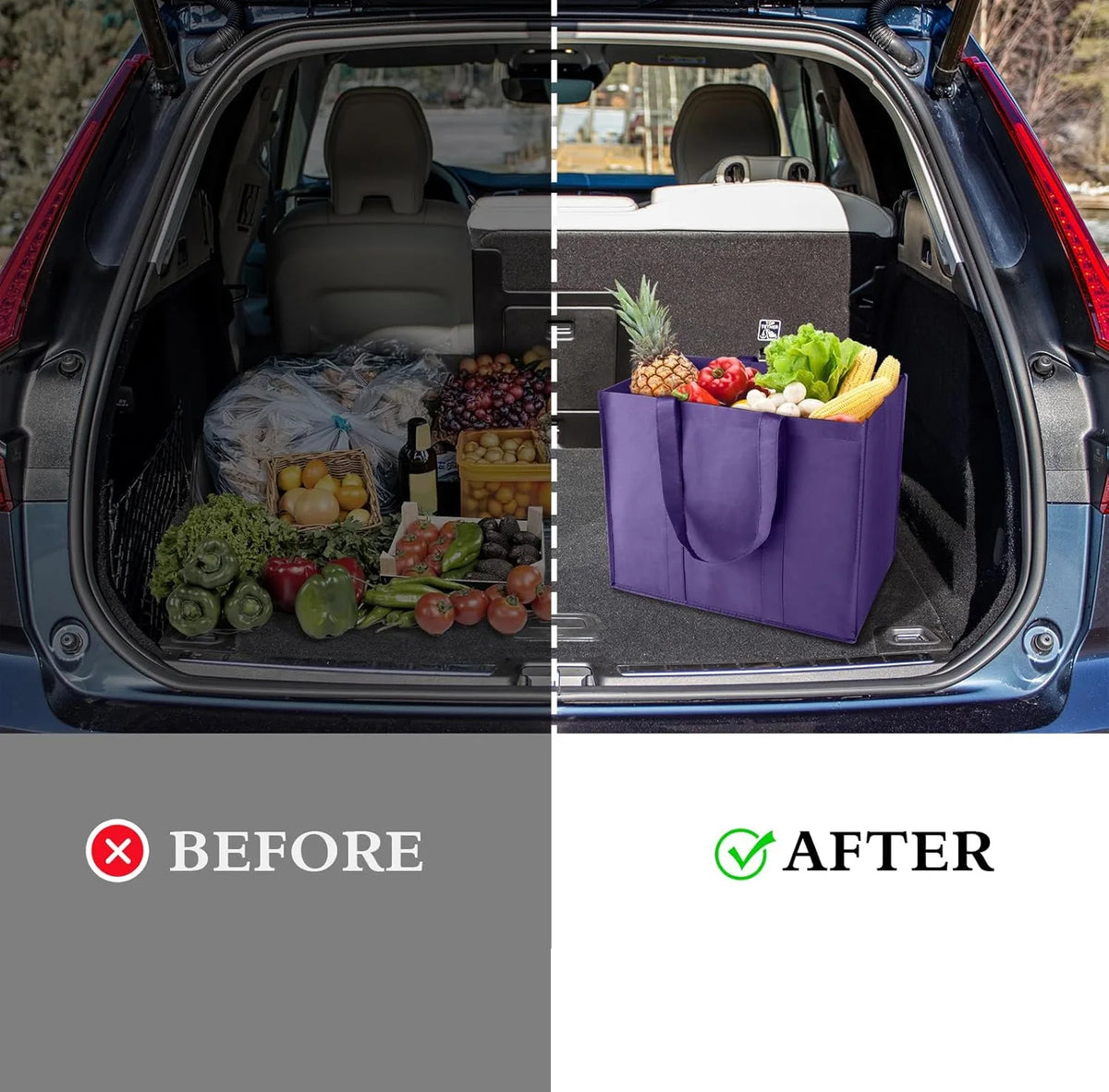 Before and after comparison showing the use of reusable foldable grocery tote bags in a car trunk.