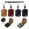 Four protective cases for Apple AirPods Pro 3 2 1 in brown, maroon, black, and dark gray colors with elastic loops