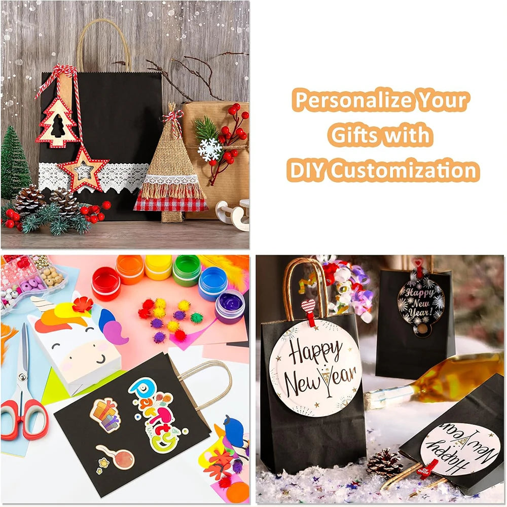 DIY customization of black kraft paper gift bags with festive decorations and personalized messages