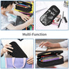 A multi-function black leather pencil case shown in use for school and office supplies.