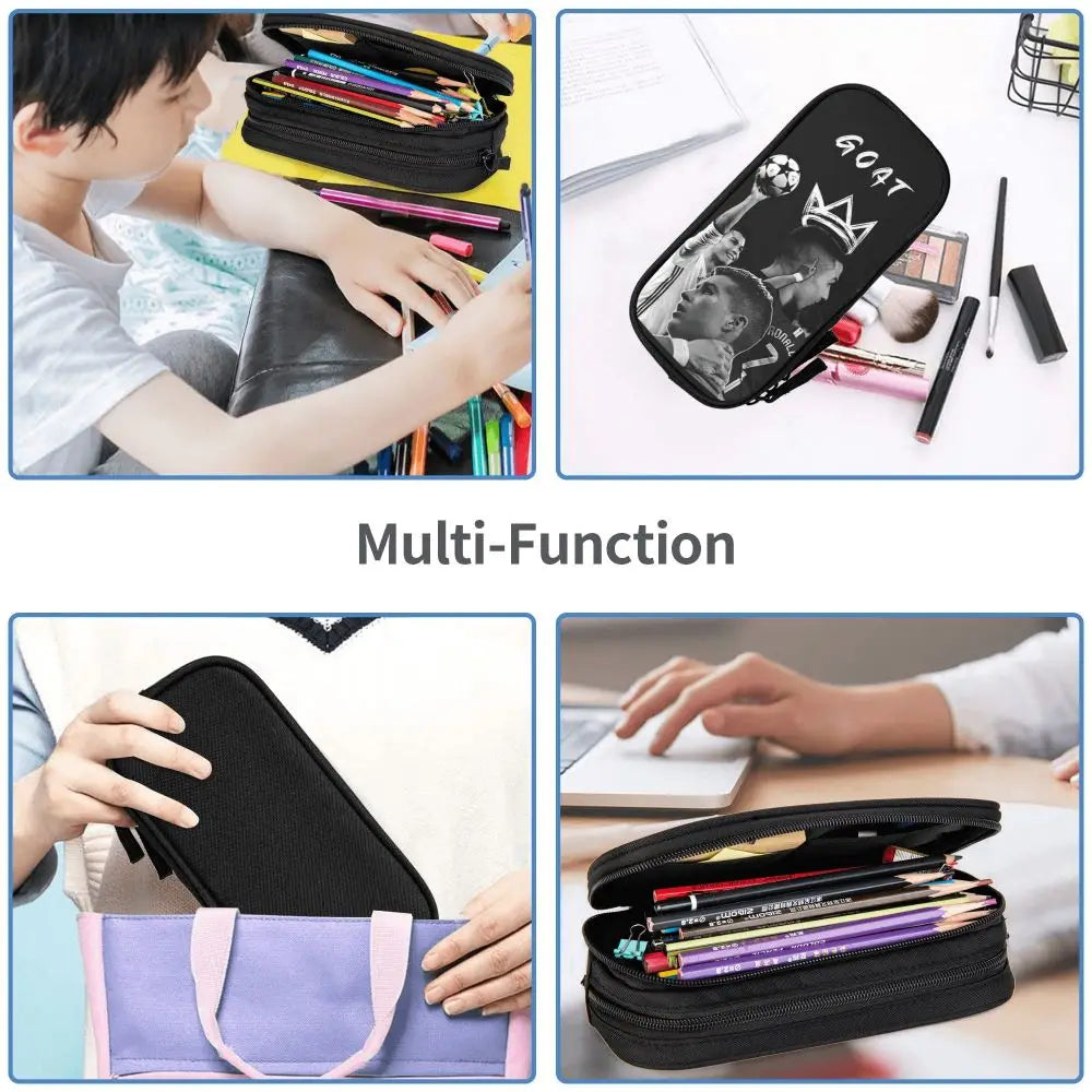 A multi-function black leather pencil case shown in use for school and office supplies.