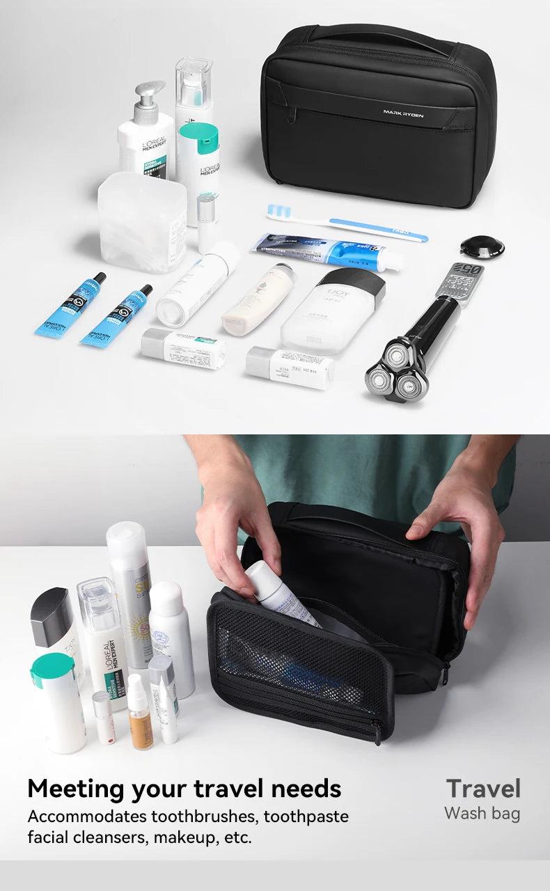 A black travel wash bag is shown open, displaying various toiletries like toothbrushes, toothpaste, and facial cleansers.