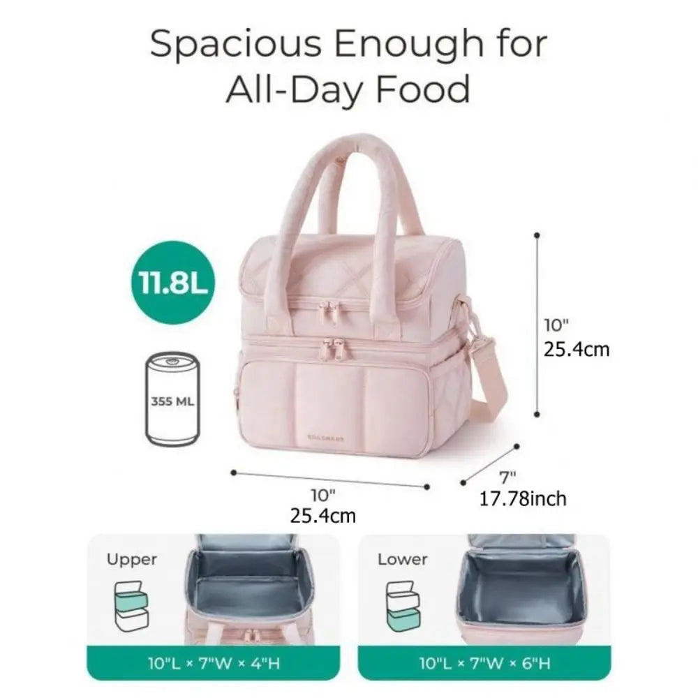 Bolsa de almuerzo acolchada y impermeable rosa de doble compartimento, mostrando sus cubiertas superior e inferior.