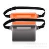 A set of waterproof mobile phone pouches in orange and gray with black straps.