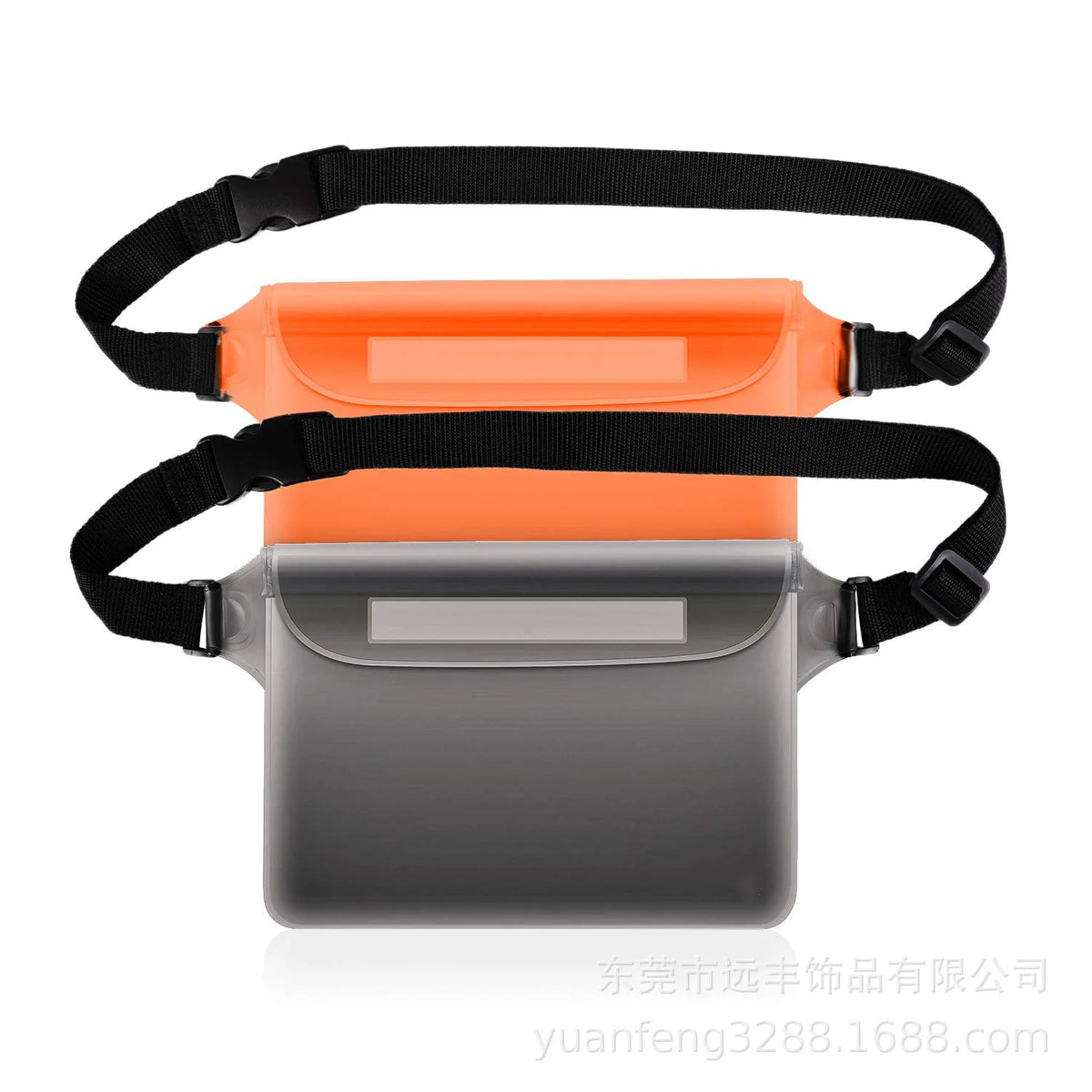 A set of waterproof mobile phone pouches in orange and gray with black straps.