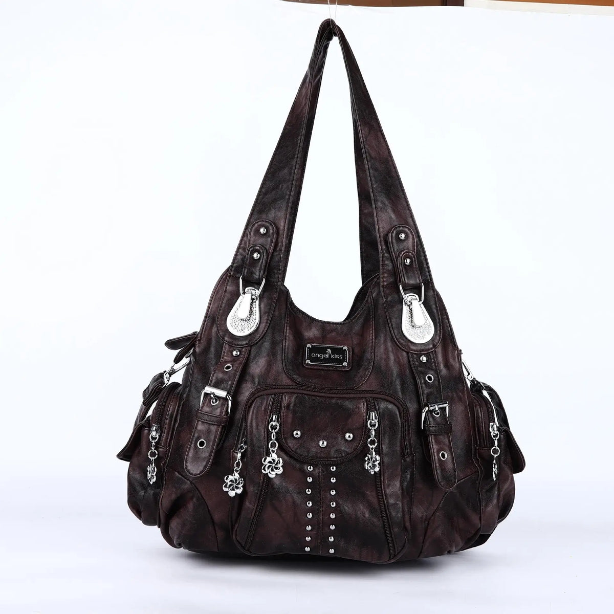 A dark brown vintage PU leather hobo shoulder bag with silver hardware.